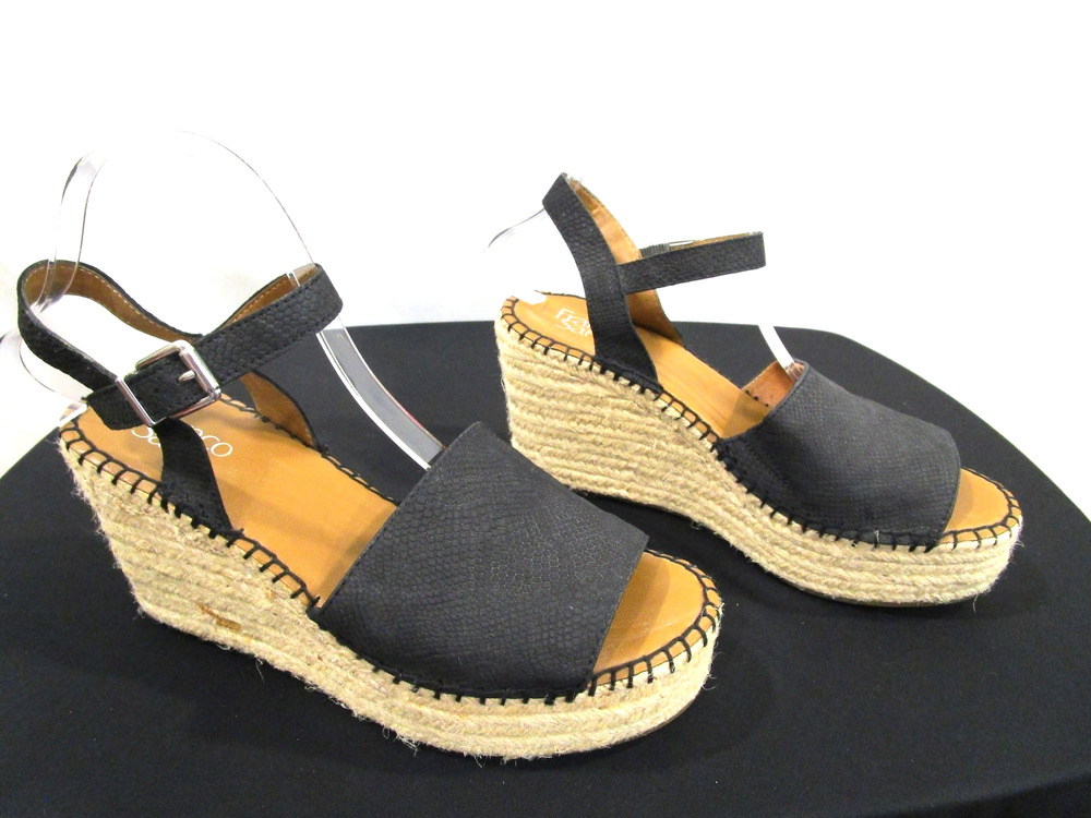Franco Sarto Black Reptile Textured Leather Espadrille Wedge Heels Women 9M